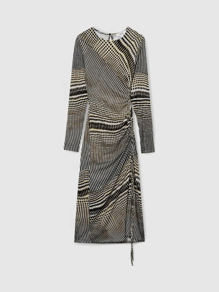 Reiss Dresses Women Printed Ruched Midi Dress In BlackOlive Reiss Dresses Women Printed Ruched Midi Dress In BlackOlive