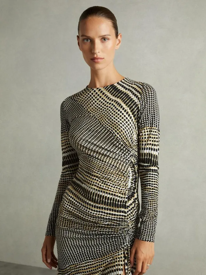 Reiss Dresses Women Printed Ruched Midi Dress In BlackOlive Reiss Dresses Women Printed Ruched Midi Dress In BlackOlive