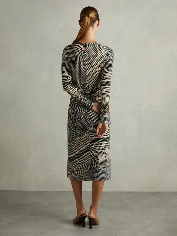 Reiss Dresses Women Printed Ruched Midi Dress In BlackOlive Reiss Dresses Women Printed Ruched Midi Dress In BlackOlive