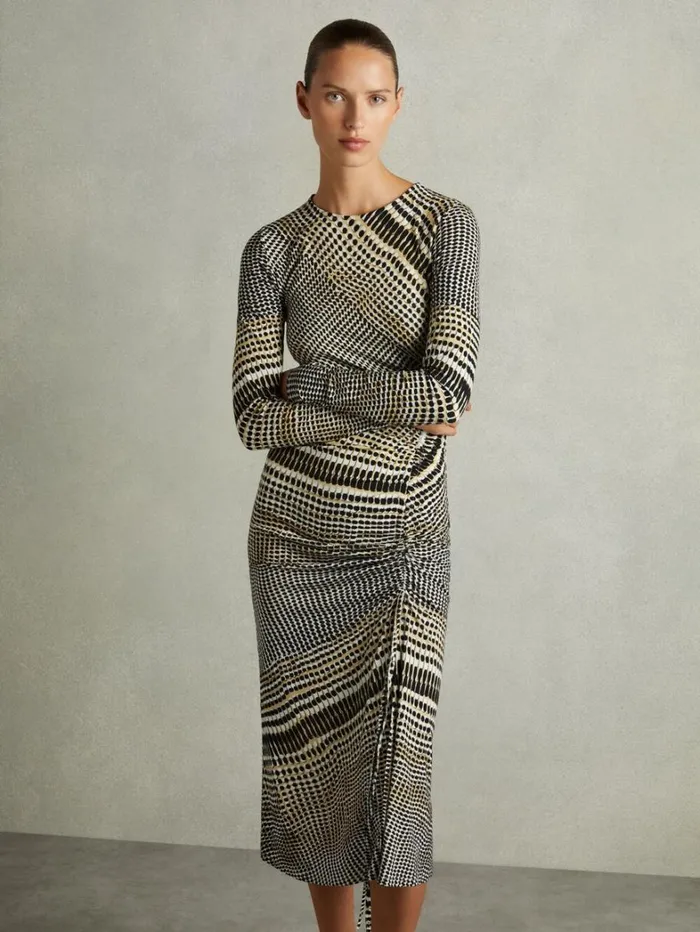 Reiss Dresses Women Printed Ruched Midi Dress In BlackOlive Reiss Dresses Women Printed Ruched Midi Dress In BlackOlive
