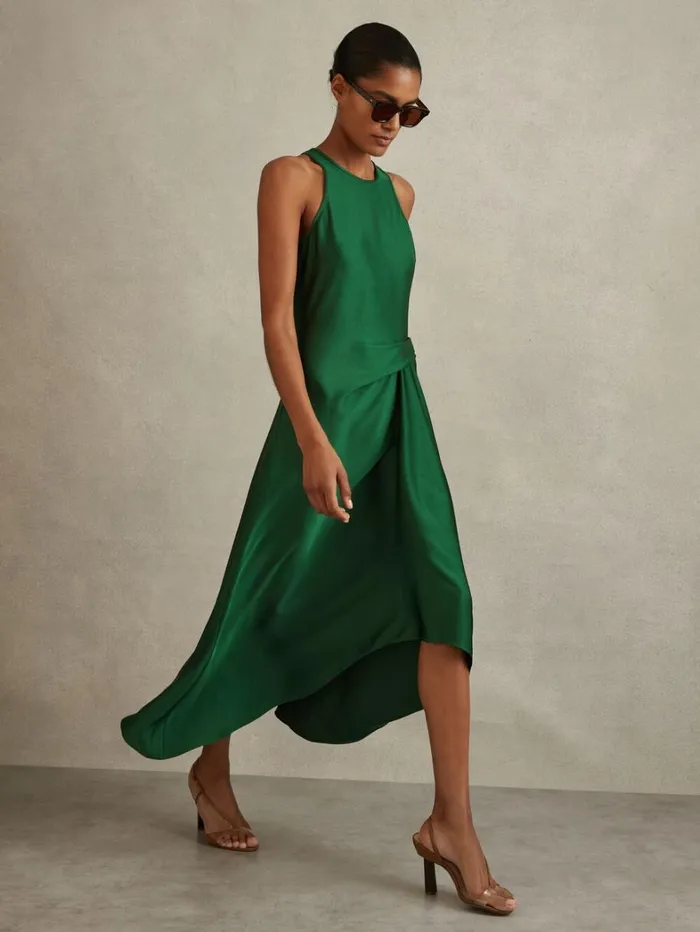 Reiss Dresses Women Satin Drape Tuck Midi Dress In Green