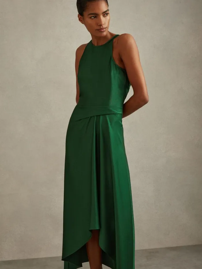 Reiss Dresses Women Satin Drape Tuck Midi Dress In Green Reiss Dresses Women Satin Drape Tuck Midi Dress In Green