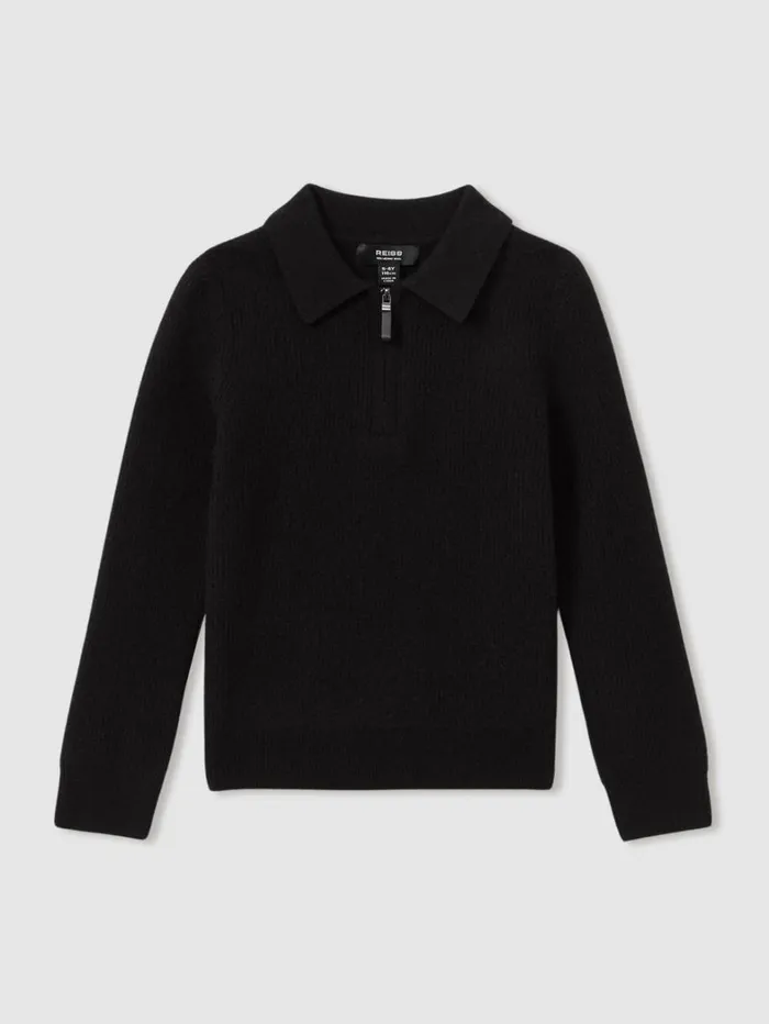 Reiss Knitwear Children 39 Yrs Merino Wool Quarter Zip Polo Shirt In Black