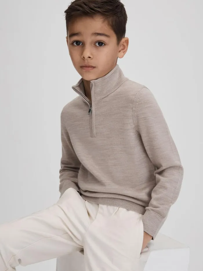 Reiss Knitwear Children 39 Yrs Wool Quarter Zip Jumper In Wheat Melange