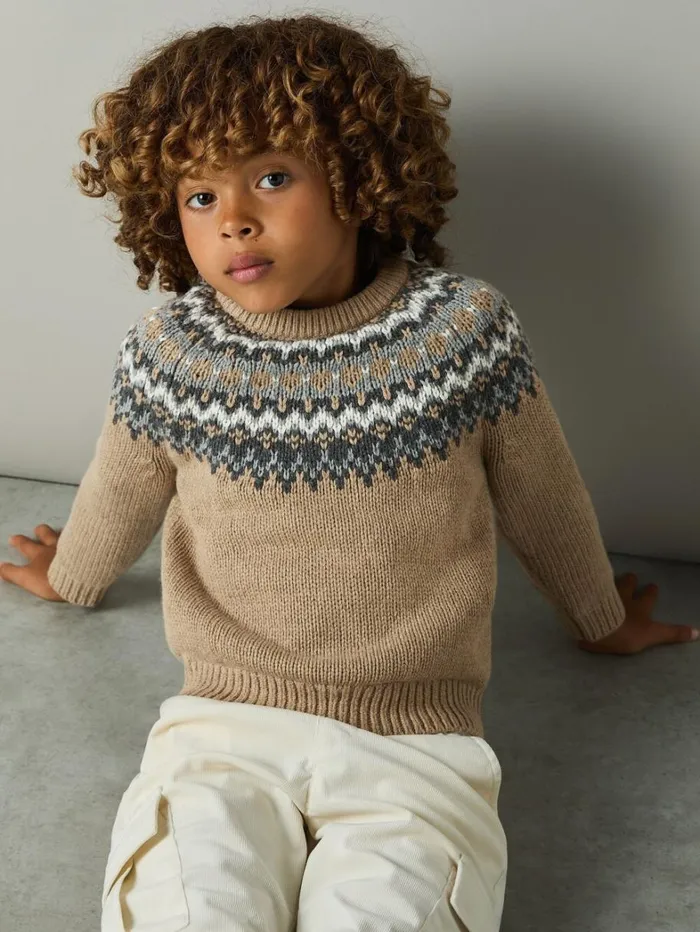 Reiss Knitwear Children 913 Yrs FairIsle Jumper With Cotton And Wool In Mouse Melange