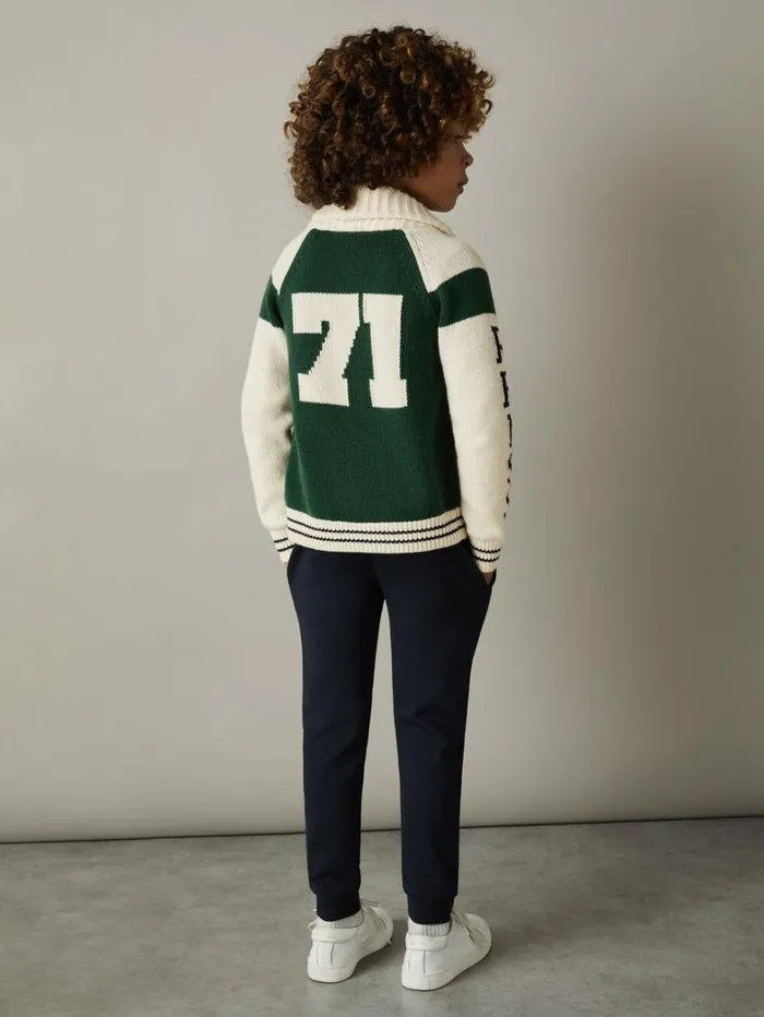 Reiss Knitwear Children 913 Yrs Knitted Varsity Cardigan In GreenOffwhite