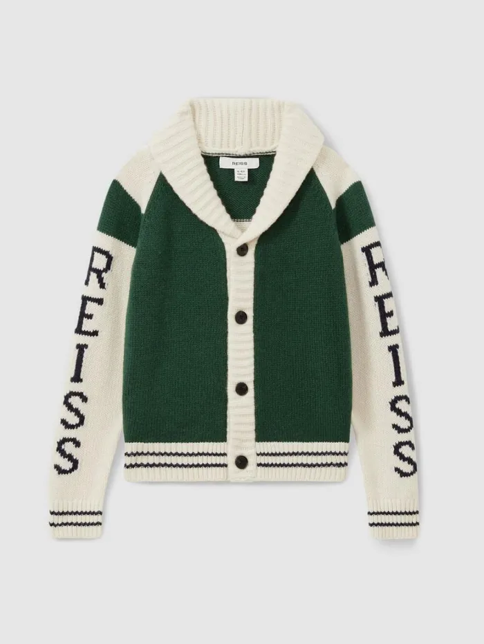 Reiss Knitwear Children 913 Yrs Knitted Varsity Cardigan In GreenOffwhite Reiss Knitwear Children 913 Yrs Knitted Varsity Cardigan In GreenOffwhite
