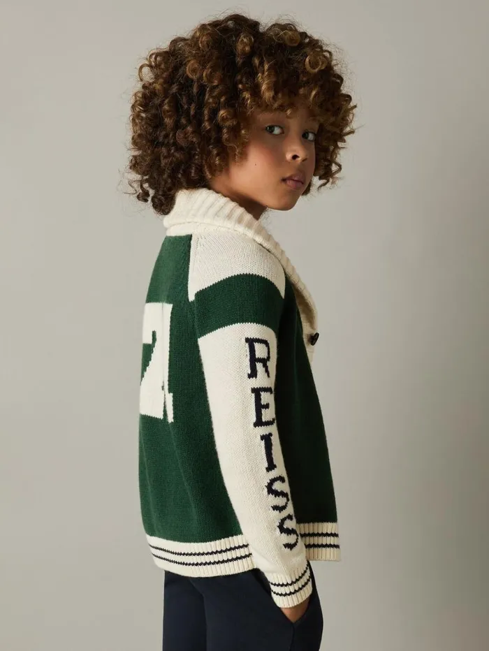 Reiss Knitwear Children 913 Yrs Knitted Varsity Cardigan In GreenOffwhite Reiss Knitwear Children 913 Yrs Knitted Varsity Cardigan In GreenOffwhite