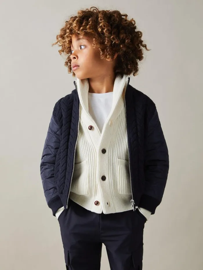 Reiss Knitwear Children Hybrid QuiltKnit Jacket In Navy Reiss Knitwear Children Hybrid QuiltKnit Jacket In Navy