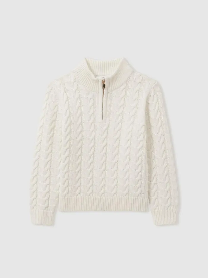 Reiss Knitwear Children Senior Cabled Knitted Quarter Zip Jumper With Cotton And Wool In Off White Reiss Knitwear Children Senior Cabled Knitted Quarter Zip Jumper With Cotton And Wool In Off White