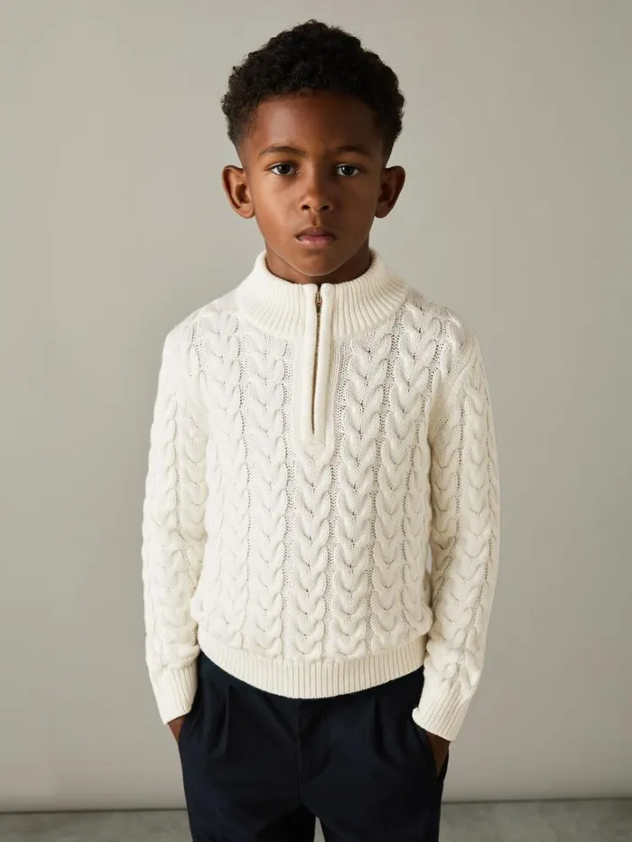 Reiss Knitwear Children Senior Cabled Knitted Quarter Zip Jumper With Cotton And Wool In Off White Reiss Knitwear Children Senior Cabled Knitted Quarter Zip Jumper With Cotton And Wool In Off White