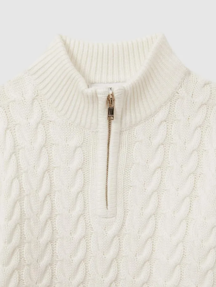 Reiss Knitwear Children Senior Cabled Knitted Quarter Zip Jumper With Cotton And Wool In Off White Reiss Knitwear Children Senior Cabled Knitted Quarter Zip Jumper With Cotton And Wool In Off White