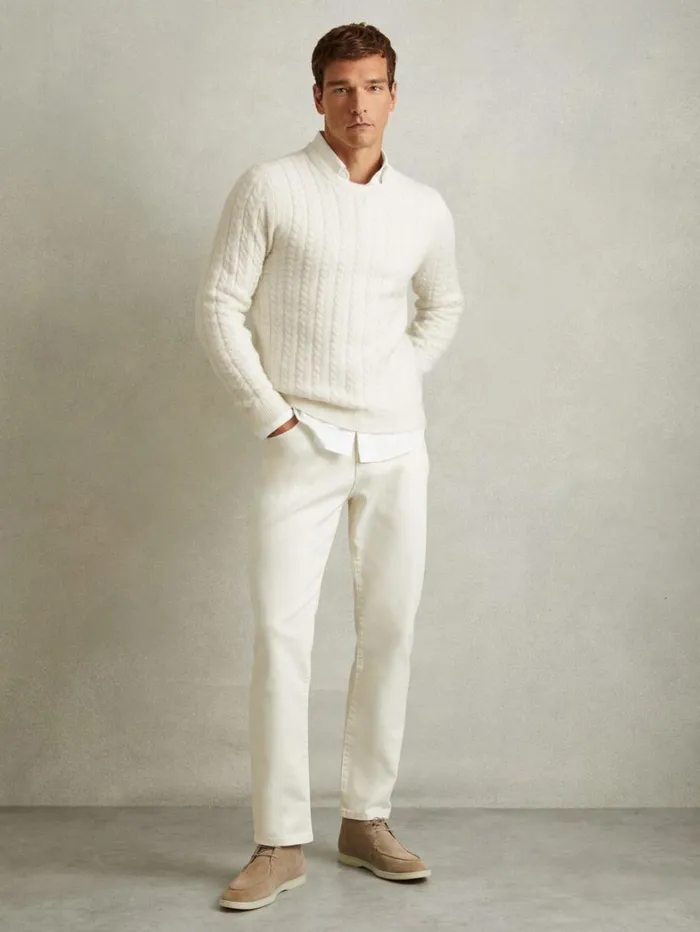 Reiss Knitwear Men Cabled Jumper With Wool And Alpaca In White