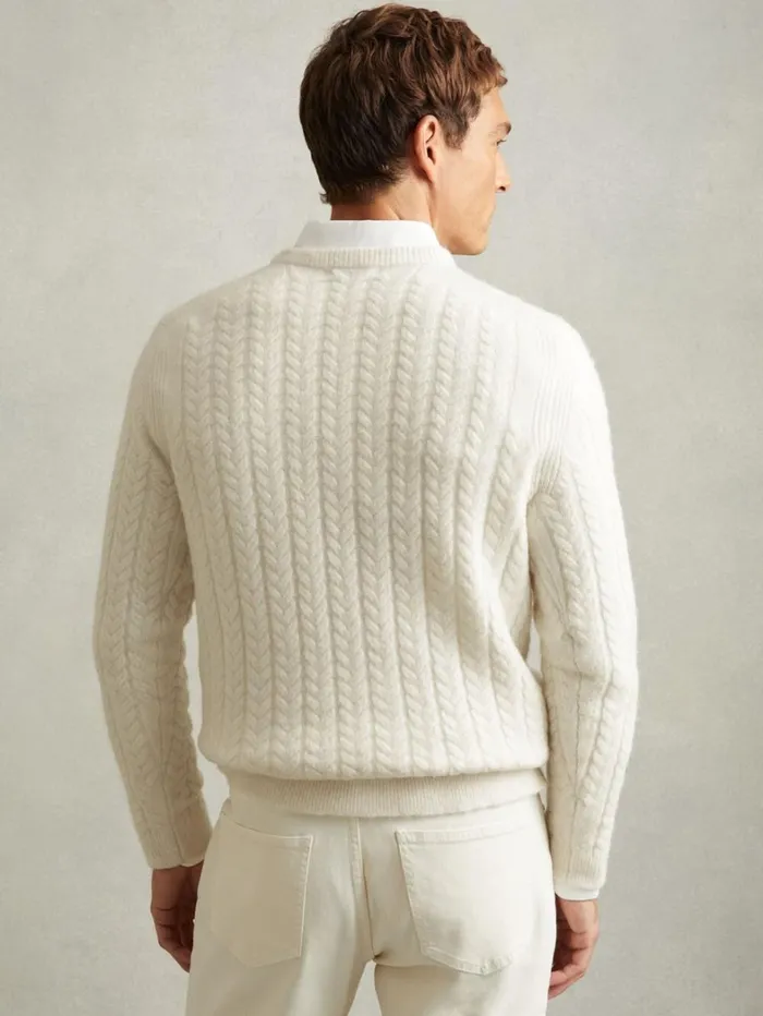 Reiss Knitwear Men Cabled Jumper With Wool And Alpaca In White
