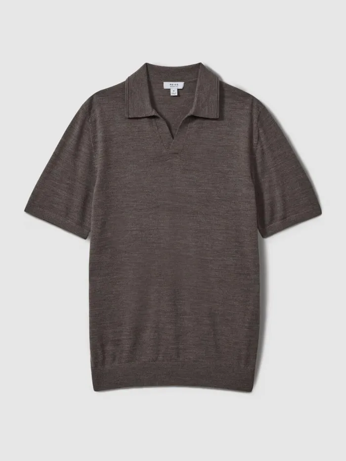 Reiss Knitwear Men Merino Wool Open Collar Polo Shirt In Dark Brown Melange Reiss Knitwear Men Merino Wool Open Collar Polo Shirt In Dark Brown Melange