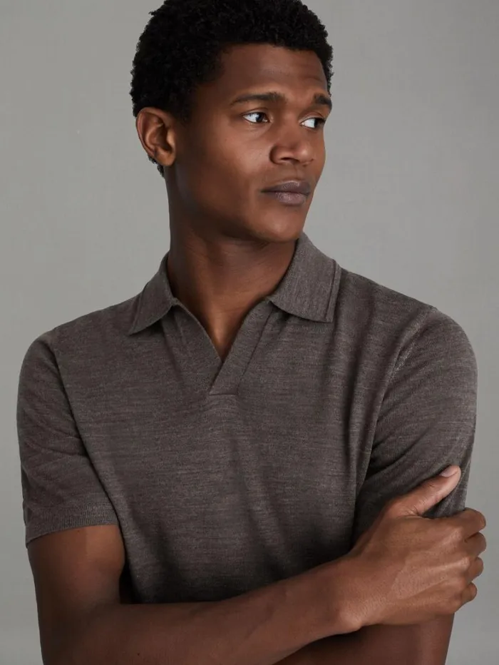 Reiss Knitwear Men Merino Wool Open Collar Polo Shirt In Dark Brown Melange Reiss Knitwear Men Merino Wool Open Collar Polo Shirt In Dark Brown Melange