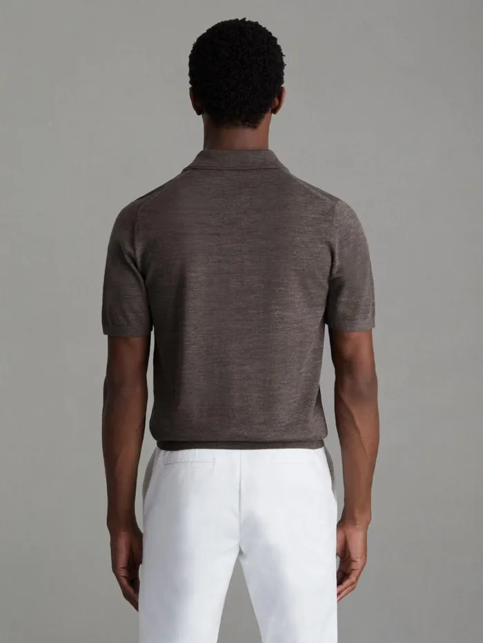 Reiss Knitwear Men Merino Wool Open Collar Polo Shirt In Dark Brown Melange Reiss Knitwear Men Merino Wool Open Collar Polo Shirt In Dark Brown Melange