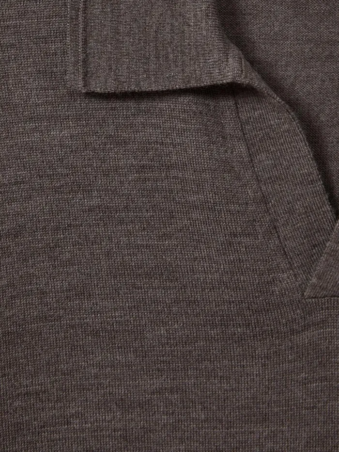 Reiss Knitwear Men Merino Wool Open Collar Polo Shirt In Dark Brown Melange Reiss Knitwear Men Merino Wool Open Collar Polo Shirt In Dark Brown Melange