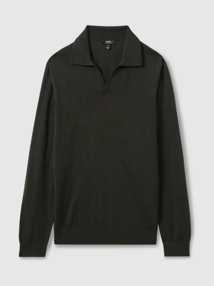 Reiss Knitwear Men Merino Wool Open Collar Polo Shirt In Dark Military Green Reiss Knitwear Men Merino Wool Open Collar Polo Shirt In Dark Military Green
