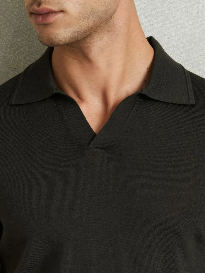 Reiss Knitwear Men Merino Wool Open Collar Polo Shirt In Dark Military Green Reiss Knitwear Men Merino Wool Open Collar Polo Shirt In Dark Military Green
