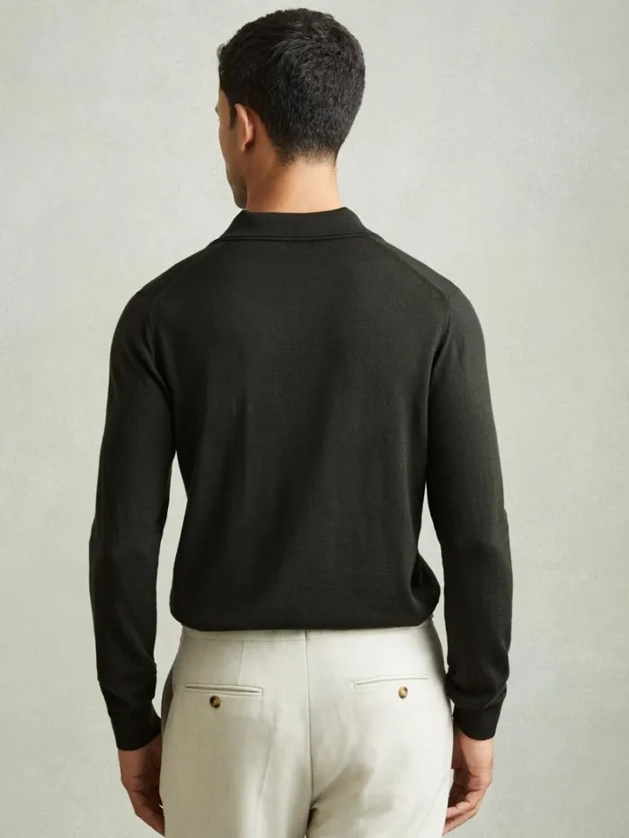 Reiss Knitwear Men Merino Wool Open Collar Polo Shirt In Dark Military Green Reiss Knitwear Men Merino Wool Open Collar Polo Shirt In Dark Military Green
