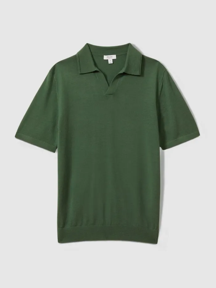 Reiss Knitwear Men Merino Wool Open Collar Polo Shirt In Lizard Green Reiss Knitwear Men Merino Wool Open Collar Polo Shirt In Lizard Green