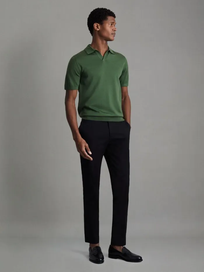 Reiss Knitwear Men Merino Wool Open Collar Polo Shirt In Lizard Green Reiss Knitwear Men Merino Wool Open Collar Polo Shirt In Lizard Green