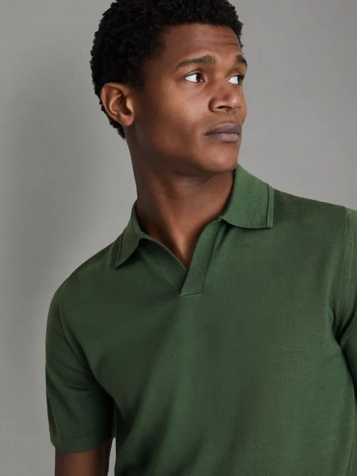 Reiss Knitwear Men Merino Wool Open Collar Polo Shirt In Lizard Green Reiss Knitwear Men Merino Wool Open Collar Polo Shirt In Lizard Green