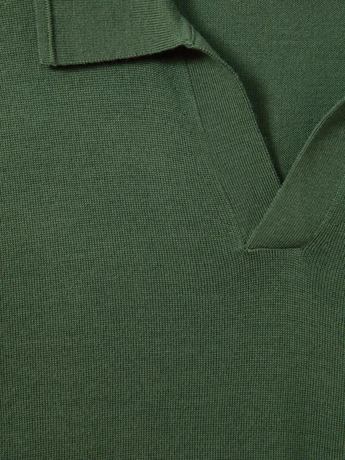 Reiss Knitwear Men Merino Wool Open Collar Polo Shirt In Lizard Green Reiss Knitwear Men Merino Wool Open Collar Polo Shirt In Lizard Green