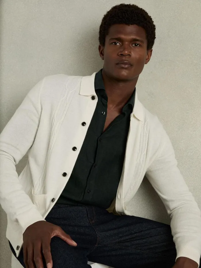 Reiss Knitwear Men Wool CabledKnitted Cardigan In White