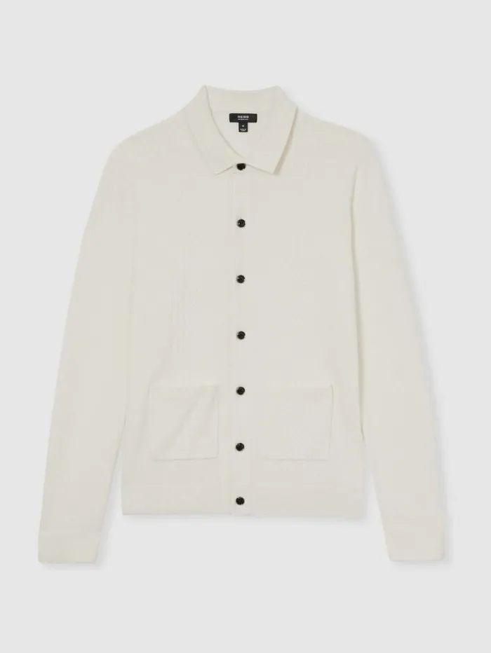 Reiss Knitwear Men Wool CabledKnitted Cardigan In White Reiss Knitwear Men Wool CabledKnitted Cardigan In White