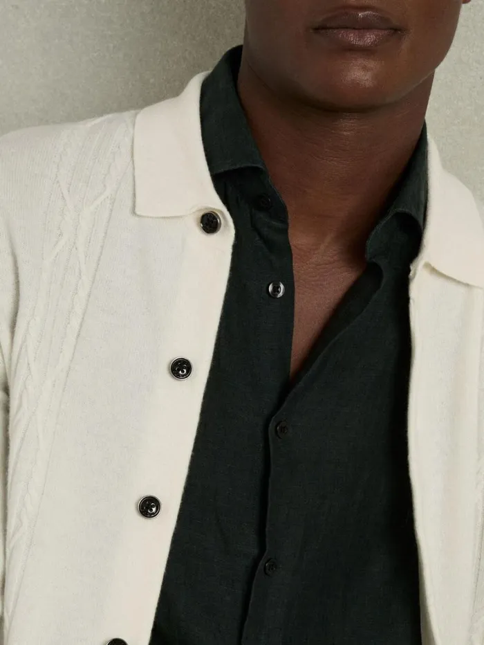 Reiss Knitwear Men Wool CabledKnitted Cardigan In White Reiss Knitwear Men Wool CabledKnitted Cardigan In White