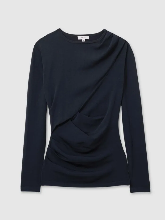 Reiss Knitwear Women Draped Front Ruched Top In Teal Reiss Knitwear Women Draped Front Ruched Top In Teal