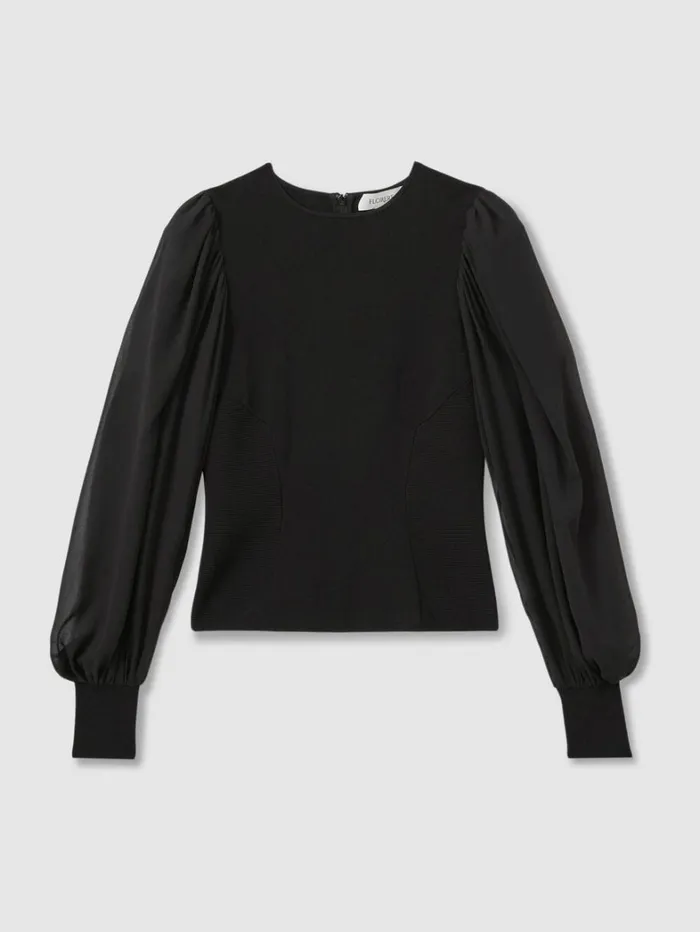 Reiss Knitwear Women Florere Hybrid Knit Sheer Sleeve Black Top In Black Reiss Knitwear Women Florere Hybrid Knit Sheer Sleeve Black Top In Black