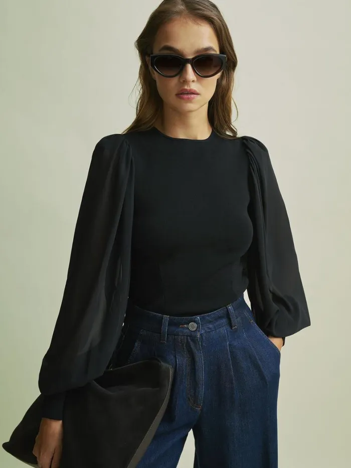 Reiss Knitwear Women Florere Hybrid Knit Sheer Sleeve Black Top In Black Reiss Knitwear Women Florere Hybrid Knit Sheer Sleeve Black Top In Black