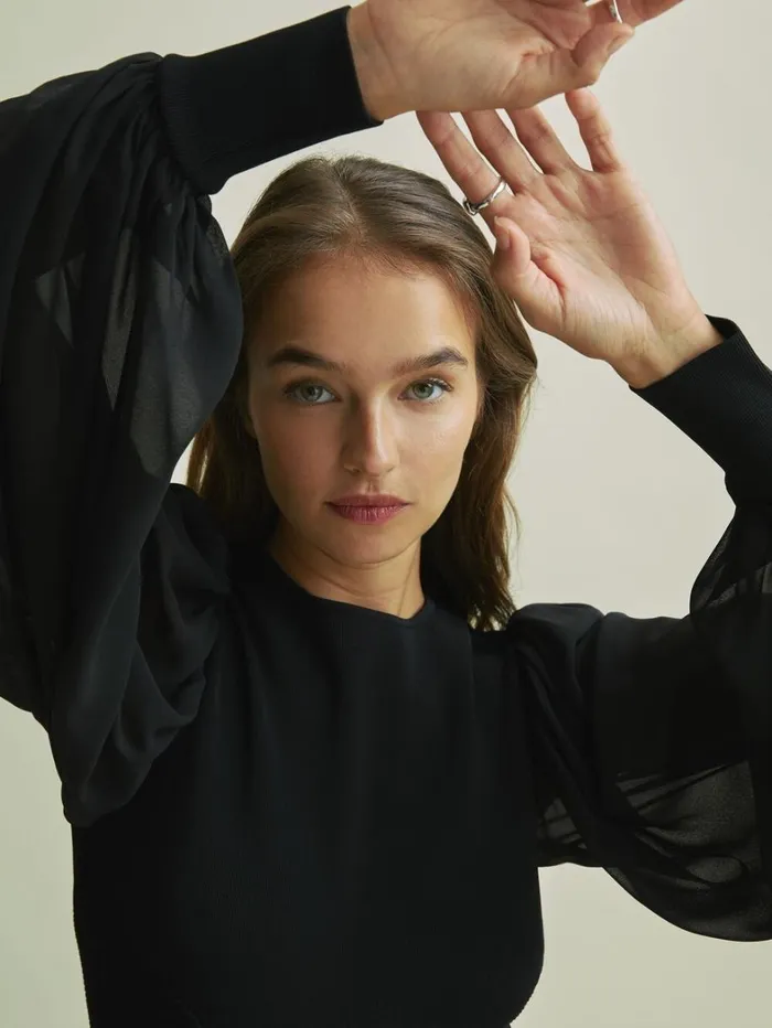 Reiss Knitwear Women Florere Hybrid Knit Sheer Sleeve Black Top In Black Reiss Knitwear Women Florere Hybrid Knit Sheer Sleeve Black Top In Black