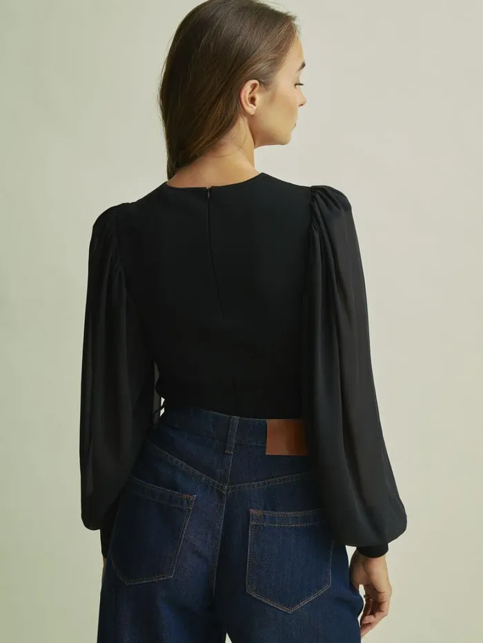 Reiss Knitwear Women Florere Hybrid Knit Sheer Sleeve Black Top In Black Reiss Knitwear Women Florere Hybrid Knit Sheer Sleeve Black Top In Black