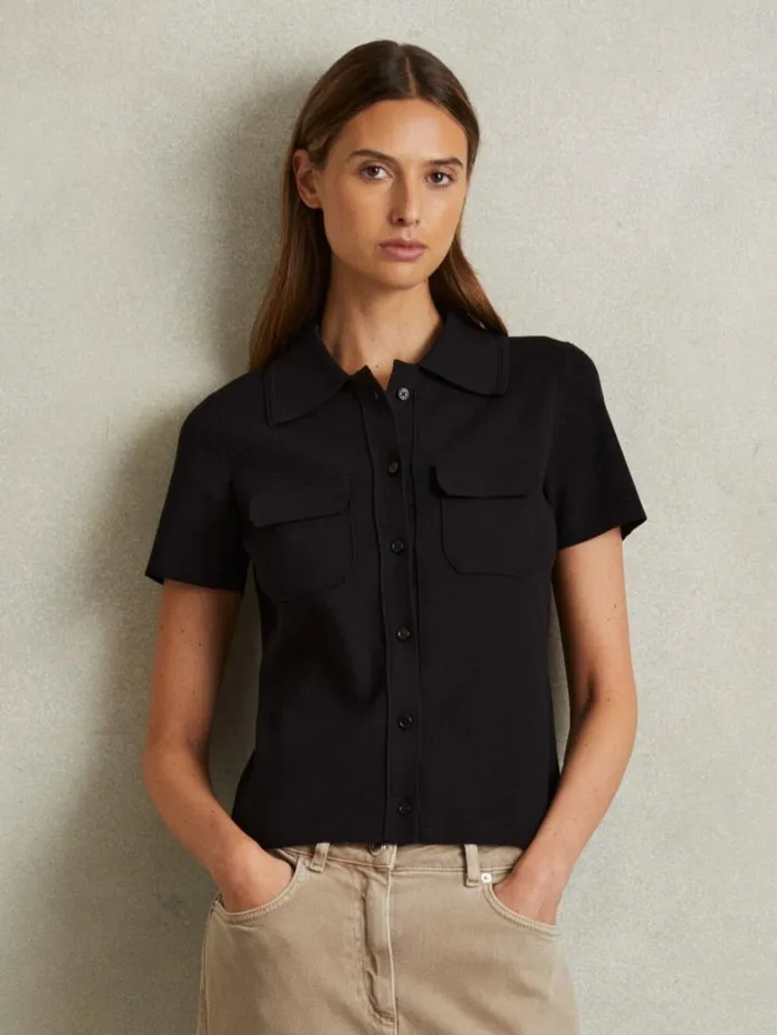 Reiss Knitwear Women Knitted Polo Shirt In Black Reiss Knitwear Women Knitted Polo Shirt In Black