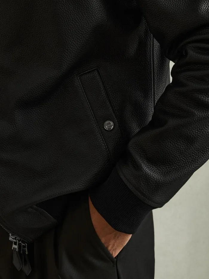 Reiss Leather and Suede Jackets Men Cast Black Grained Leather Bomber Jacket Reiss Leather and Suede Jackets Men Cast Black Grained Leather Bomber Jacket