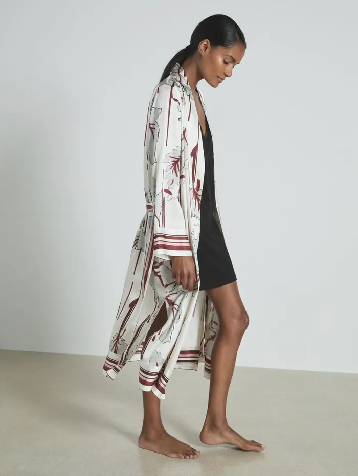 Reiss Nightwear and Loungewear Women Satin Printed Robe In IvoryBurgundy