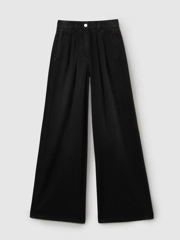 Reiss Petite Women Petite Double Pleat Wide Leg Jeans In Black Reiss Petite Women Petite Double Pleat Wide Leg Jeans In Black