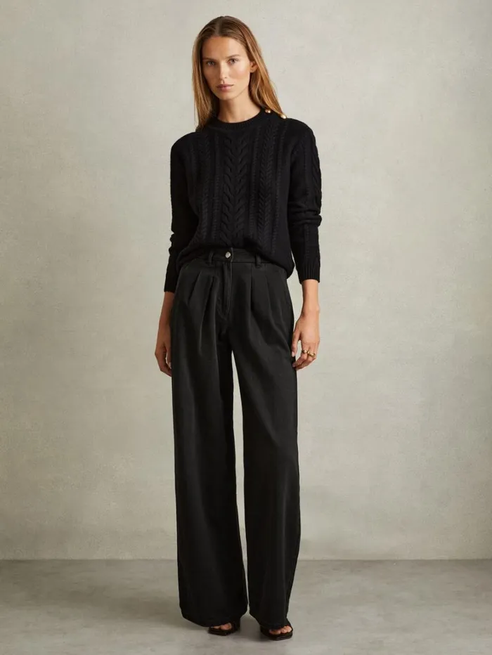 Reiss Petite Women Petite Double Pleat Wide Leg Jeans In Black Reiss Petite Women Petite Double Pleat Wide Leg Jeans In Black