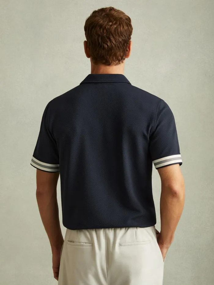 Reiss Polo Shirts Men Textured Contrast Trim Quarter Zip Polo Shirt In Navy Reiss Polo Shirts Men Textured Contrast Trim Quarter Zip Polo Shirt In Navy