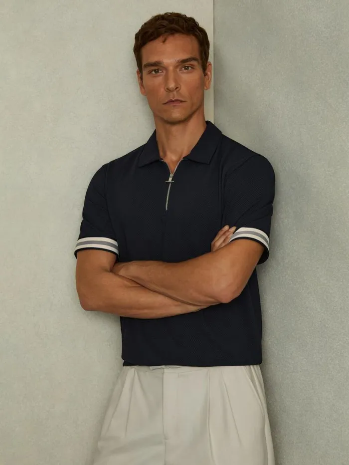 Reiss Polo Shirts Men Textured Contrast Trim Quarter Zip Polo Shirt In Navy Reiss Polo Shirts Men Textured Contrast Trim Quarter Zip Polo Shirt In Navy