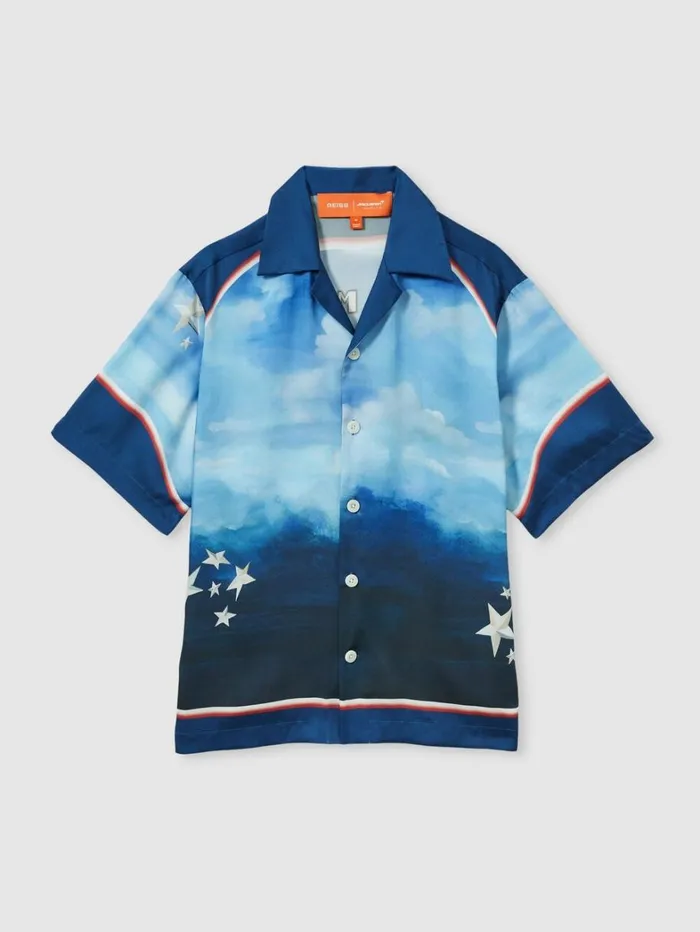 Reiss Shirts Men McLaren F1 Austin Exclusive Cuban Collar Shirt In Blue Multi Reiss Shirts Men McLaren F1 Austin Exclusive Cuban Collar Shirt In Blue Multi