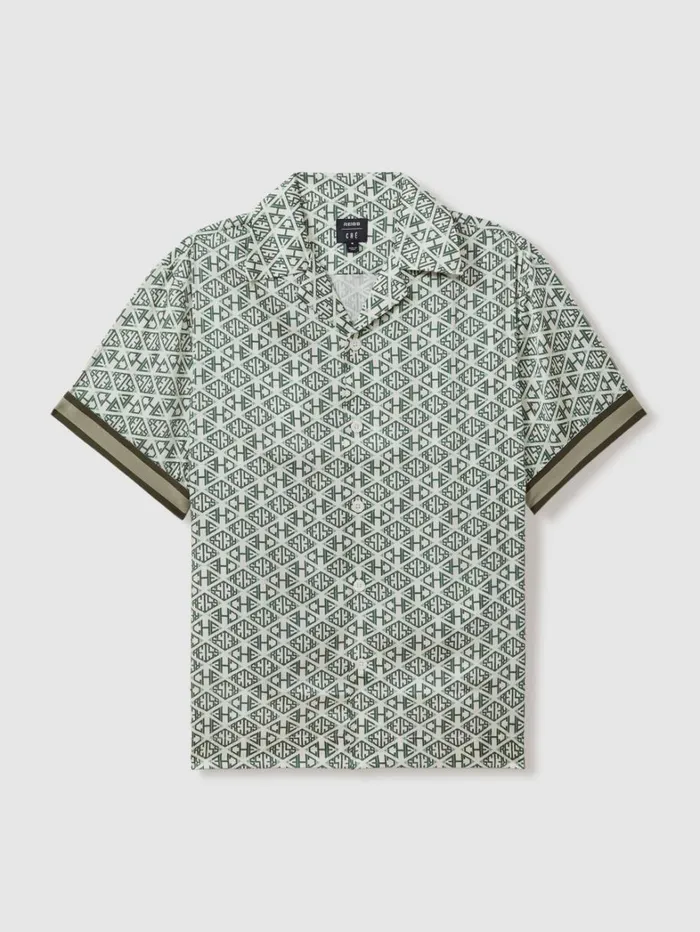 Reiss Shirts Men Reiss Ch Monogram Print Cuff Detail Cuban Collar Shirt In IvorySage Reiss Shirts Men Reiss Ch Monogram Print Cuff Detail Cuban Collar Shirt In IvorySage
