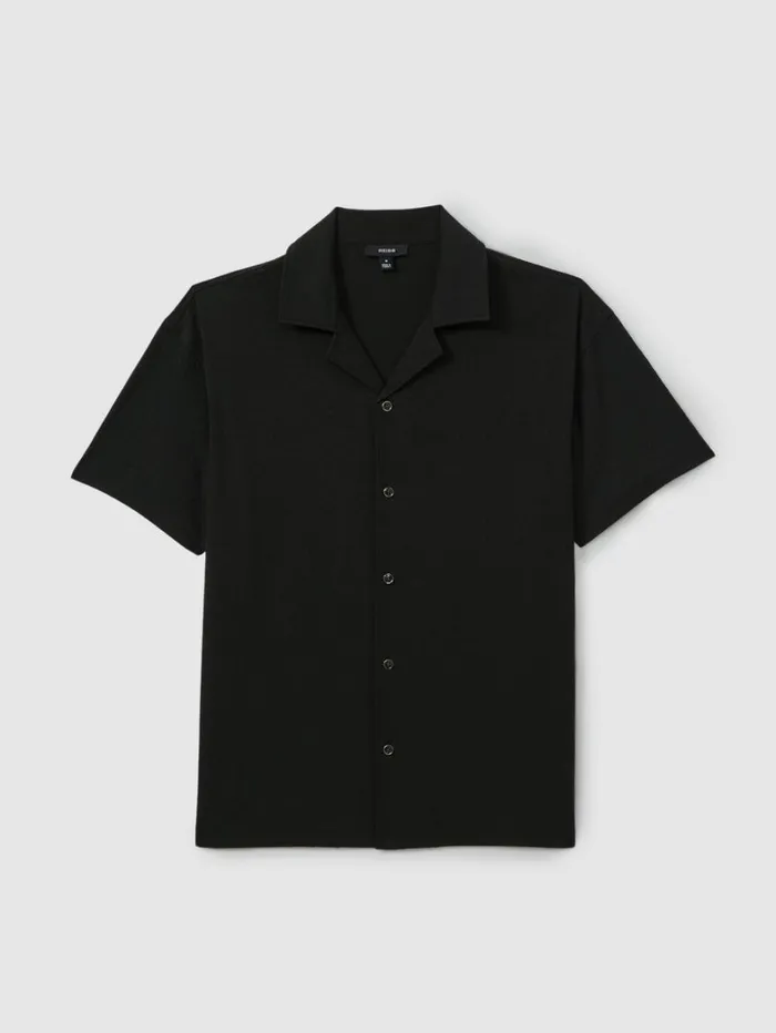 Reiss Shirts Men Textured Crepe Cuban Collar Shirt In Emerald Reiss Shirts Men Textured Crepe Cuban Collar Shirt In Emerald