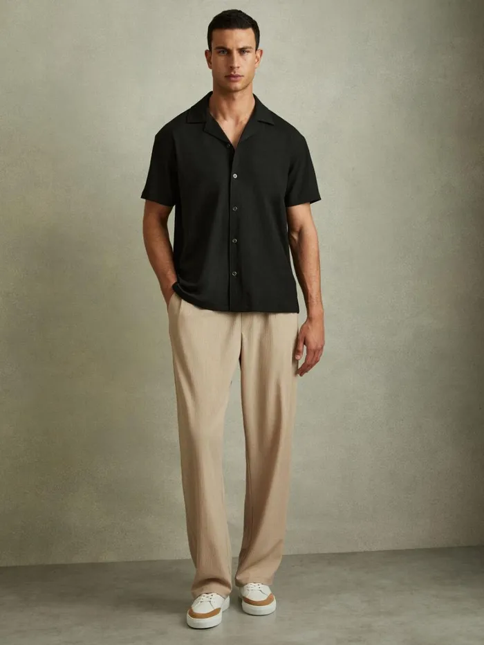 Reiss Shirts Men Textured Crepe Cuban Collar Shirt In Emerald Reiss Shirts Men Textured Crepe Cuban Collar Shirt In Emerald