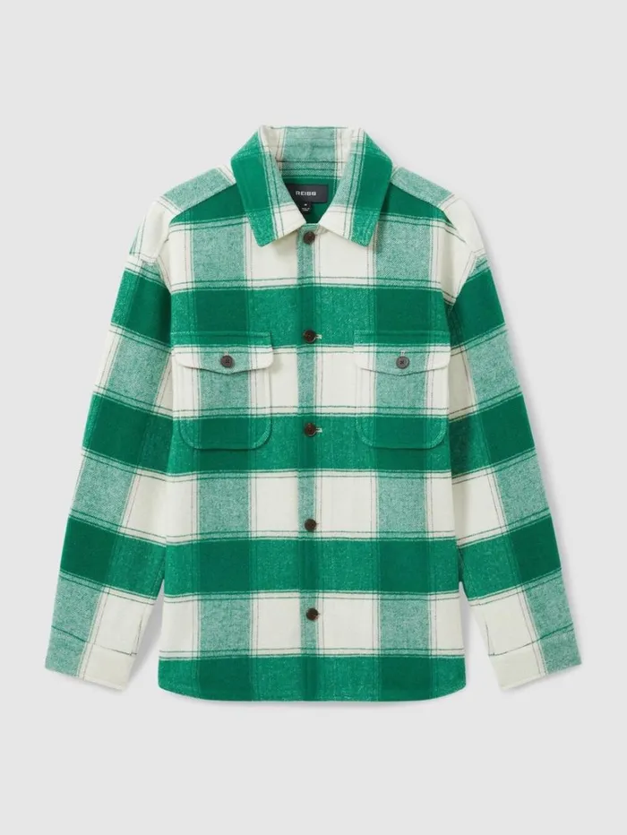 Reiss Shirts Men Wool Blend Checked Overshirt In Green Reiss Shirts Men Wool Blend Checked Overshirt In Green