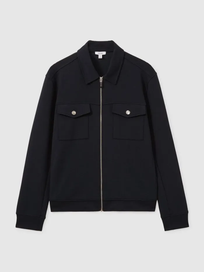Reiss Shirts Men Zipped InterlockJersey Overshirt In Navy Blue Reiss Shirts Men Zipped InterlockJersey Overshirt In Navy Blue
